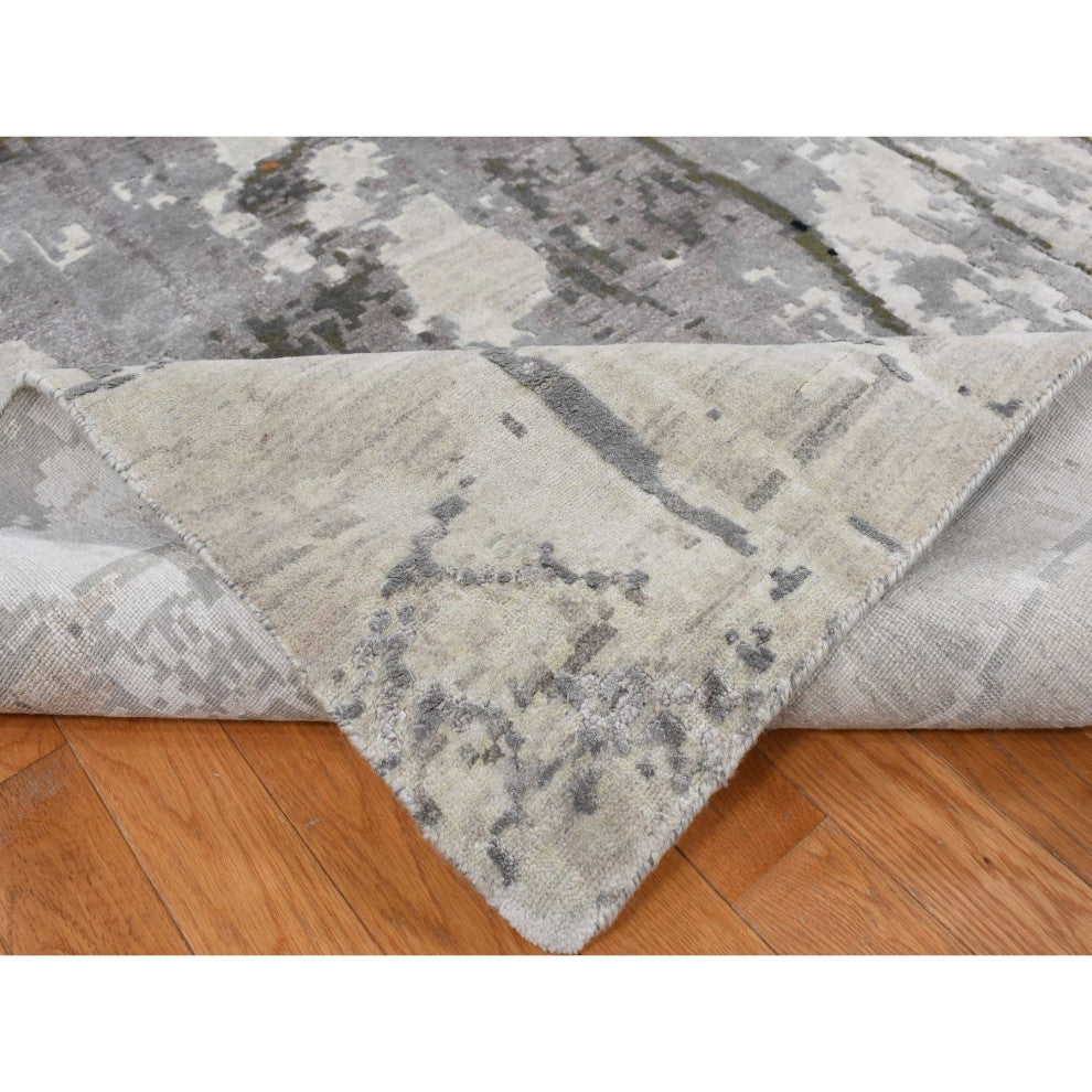 Gray, Abstract Dripping Design, Wool and Silk, Hand Knotted Rug, 8'10"x12'3"