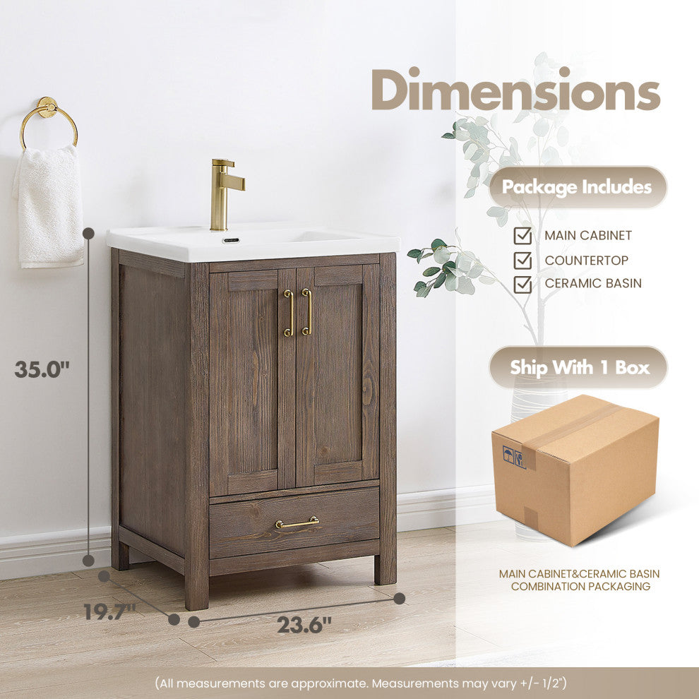 Gela Single Bath Vanity with Ceramic Basin Top, Spruce Vintage Brown, 24", No Mirror