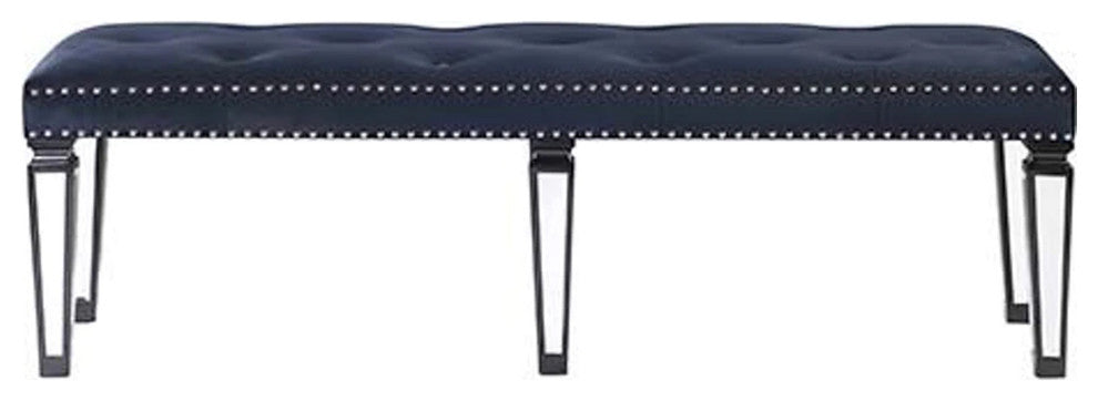 Benzara BM269606 Bench With Button Tufting and Mirror Tapered Legs, Blue