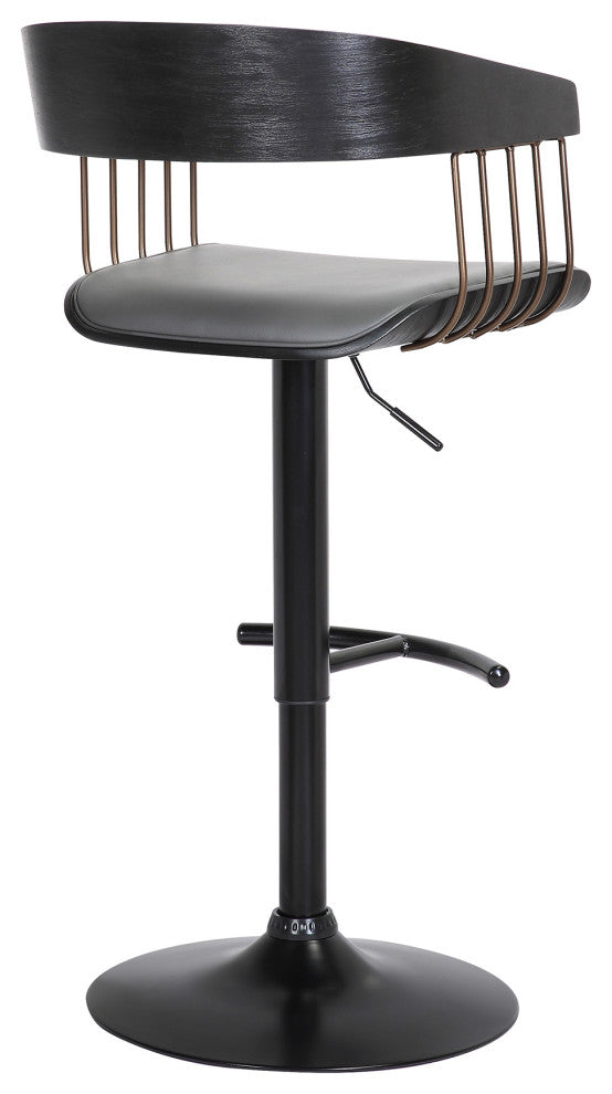Larisa Adjustable Black Wood Bar Stool Gray Faux Leather Bronze and Black Metal