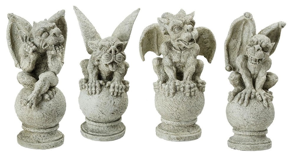 Set of 4 Decorative Gargoyles on Pedestal Finials Outdoor Garden Statues 13"