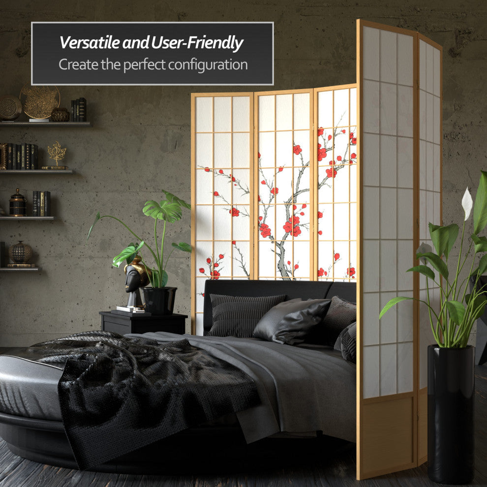 7' Tall Cherry Blossom Shoji Screen, Natural, 3 Panels