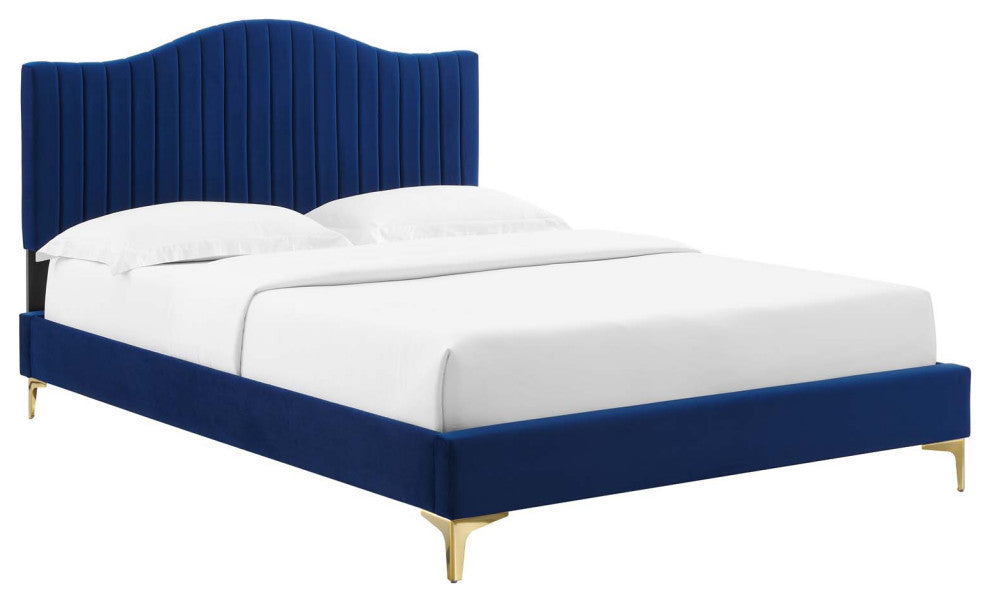Juniper Channel Tufted Performance Velvet Twin Platform Bed, Navy
