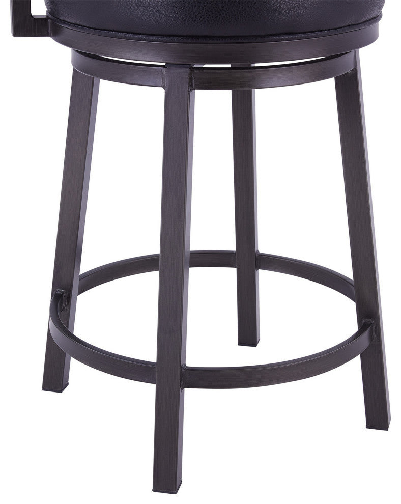 Benzara BM282098 Swivel Bar Stool, Vegan Leather, Curved Back, Black, Gray