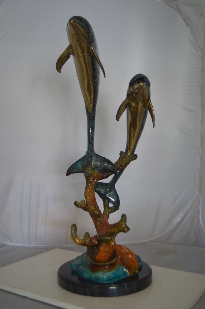 Two Dolphins fountain Bronze Statue on a marble -  Size: 19"L x 15"W x 36"H.