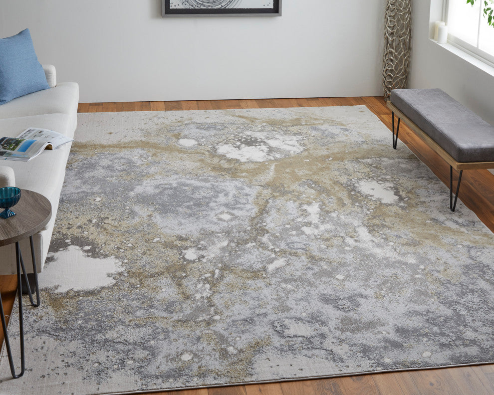 Oria Industrial Abstract Area Rug, Gray/Gold/Ivory, 8'x10'
