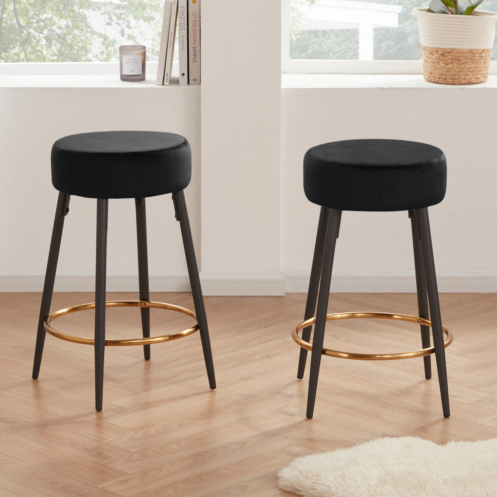 Minimalist Round Bar Stools, Black Velvet - 2 Pcs, 24 Inch