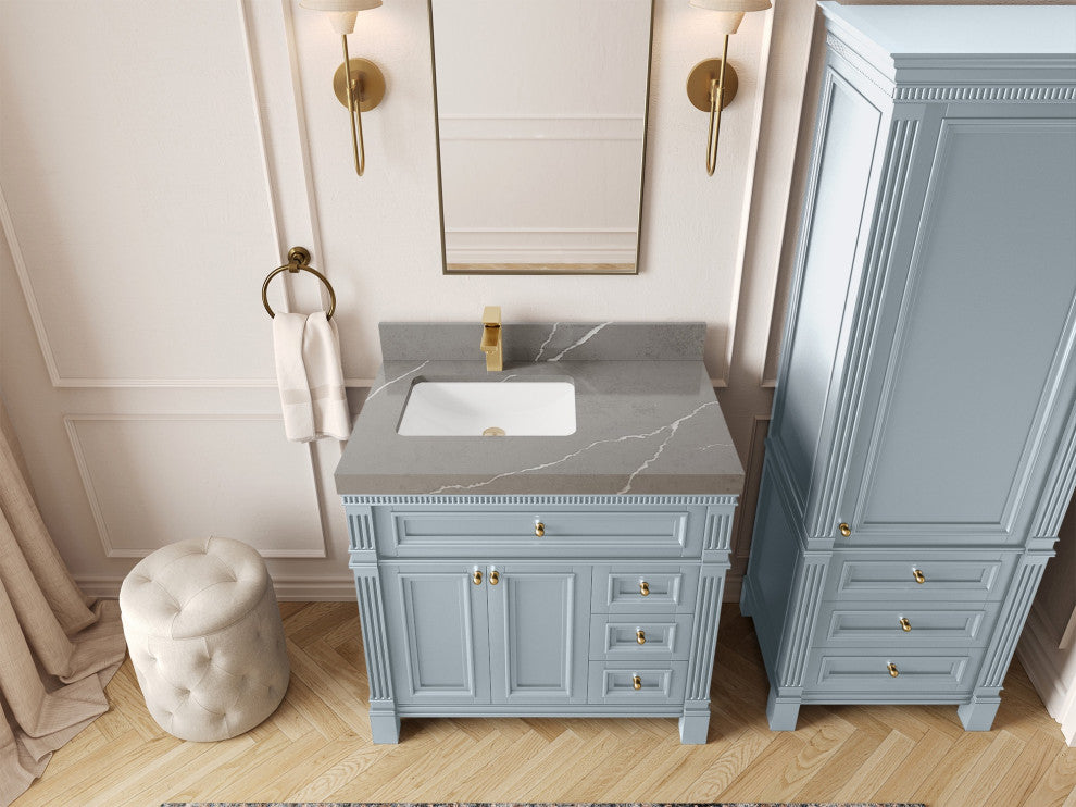 Paris 36" Left Offset Bathroom Vanity, Blue Heather 2" Piatra Gray