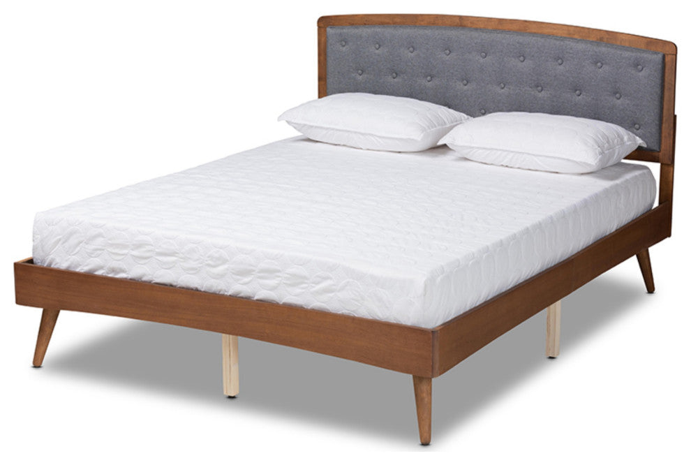 Gray Fabric Upholstered and Walnut Brown Finished Wood King Size Platform Bed