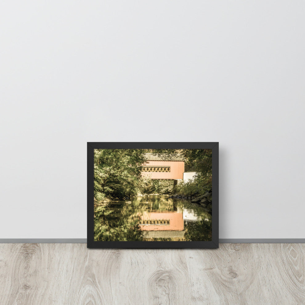 The Reflections of Wooddale Covered Bridge Aged Framed Photo Wall Art Print, Black, 11" X 14"