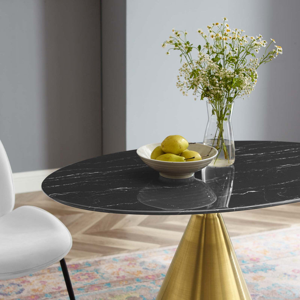 Dining Table, Oval, Artificial Marble, Metal, Gold Black, Cafe Bistro Restaurant