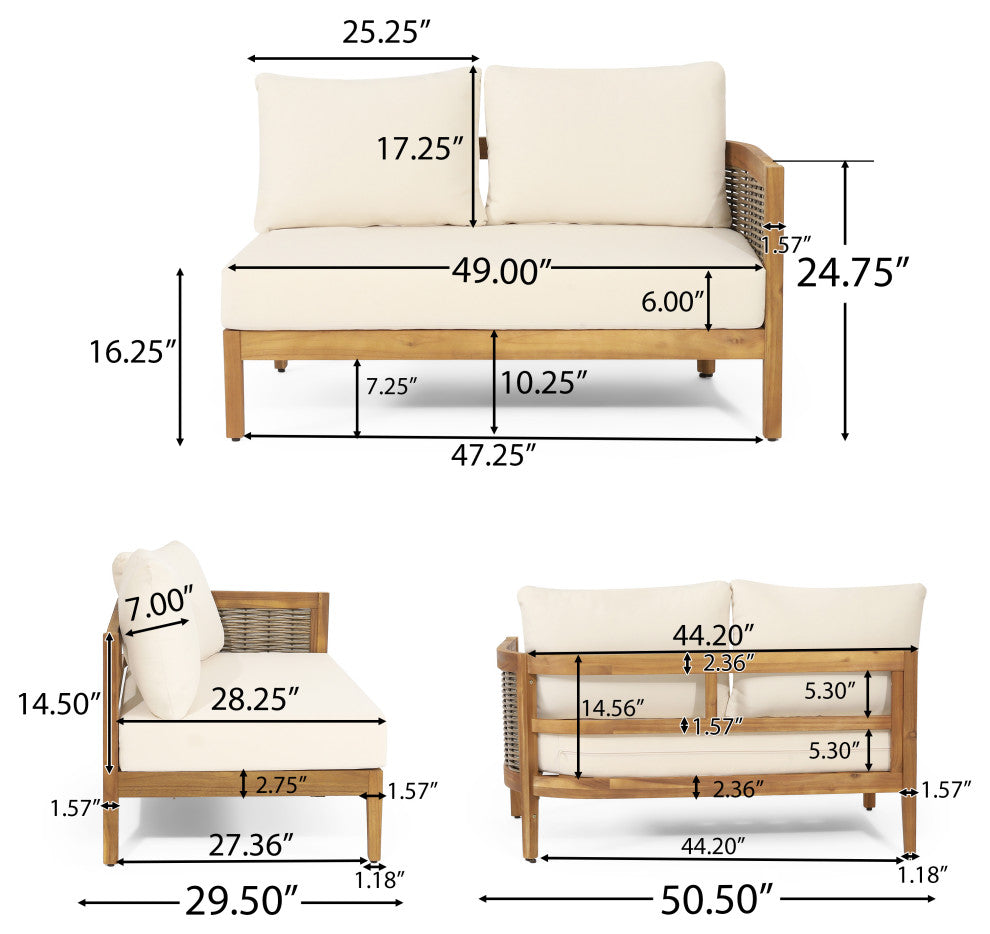 The Crowne Outdoor Acacia Wood and Round Wicker 5 Seater Sectional Sofa Chat Set