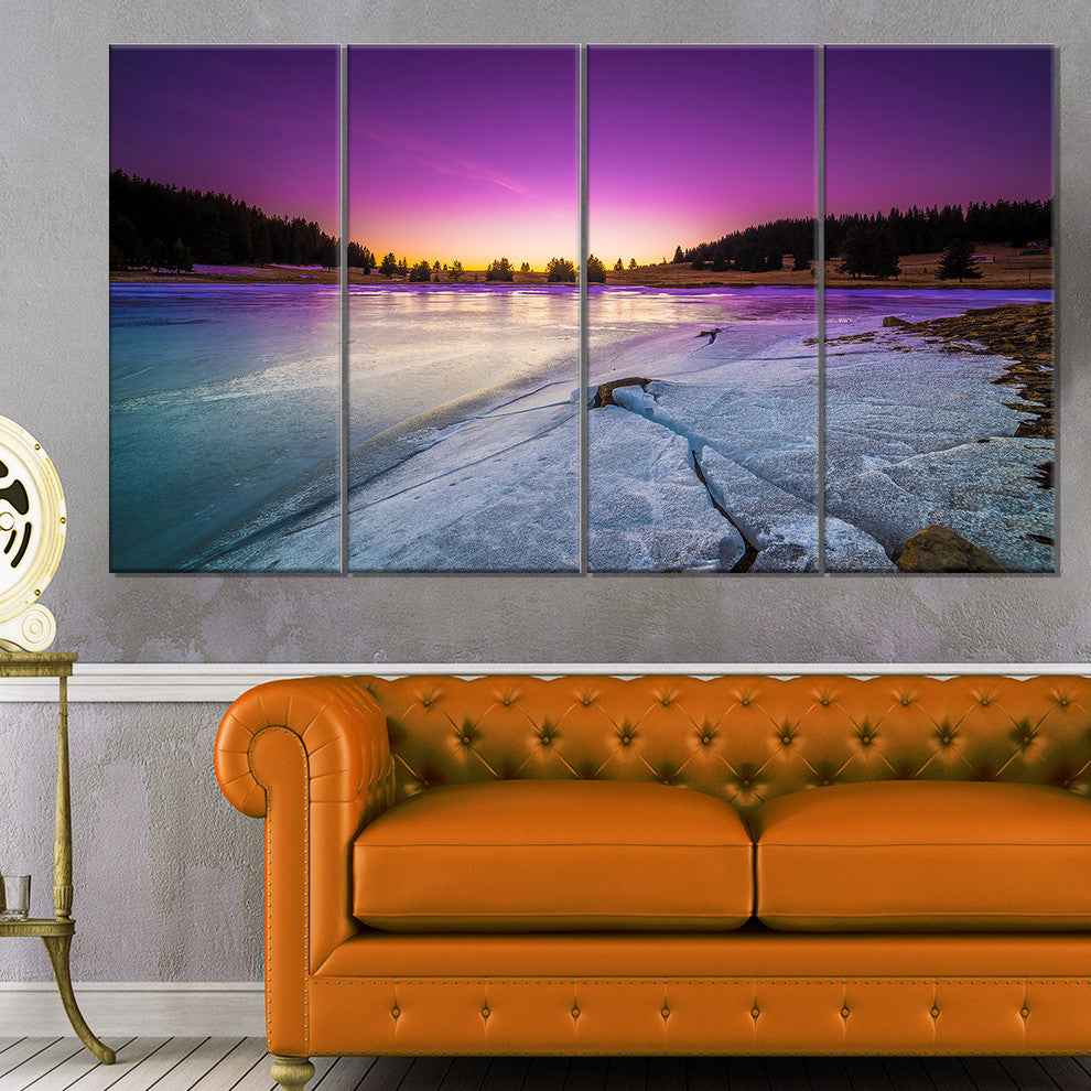 Sunrise over Frozen Lake, Landscape Canvas Art Print, 48"x28", 4 Panels