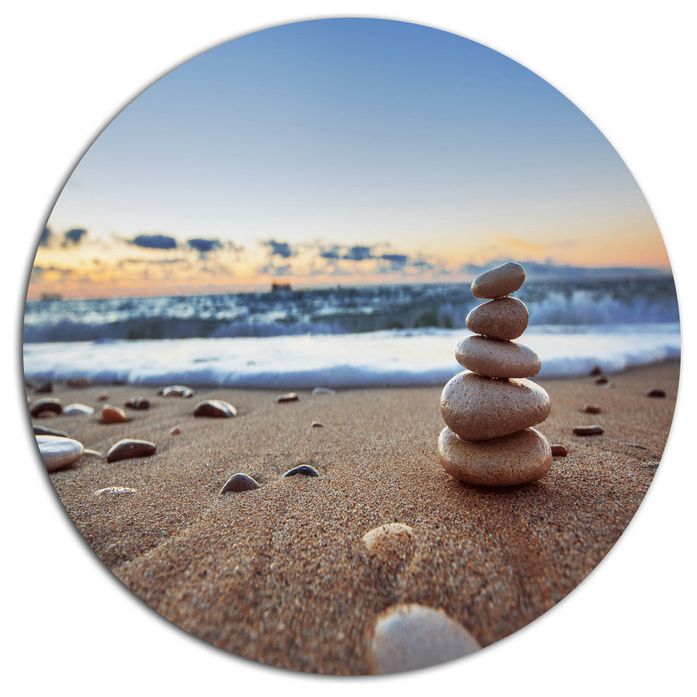 Stones Balance On Sandy Beach, Seashore Round Metal Wall Art, 36"