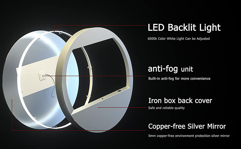 Backlit Anti-fog Double Color LED Bathroom Mirror, 24Inch Round