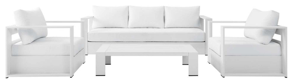 Lounge Sectional Sofa Chair Table Set, White, Aluminum, Modern, Outdoor Patio