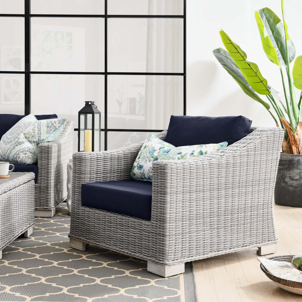 Side Chair Armchair, Rattan, Wicker, Gray Blue Navy, Modern, Outdoor Patio