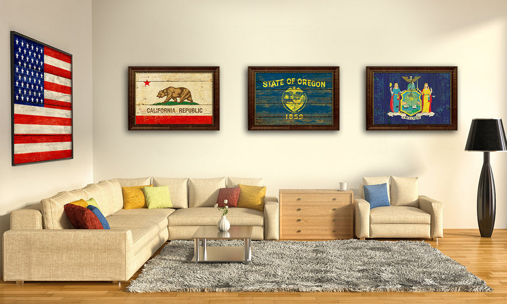 Ohio State Flag State Vintage Flag Print With Brown Gold Frame, 19"X27"