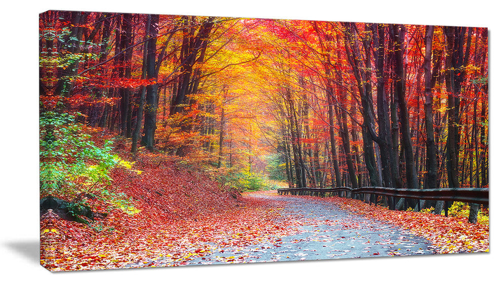 Road in Beautiful Autumn Forest, Modern Forest Canvas Art, 32"x16"