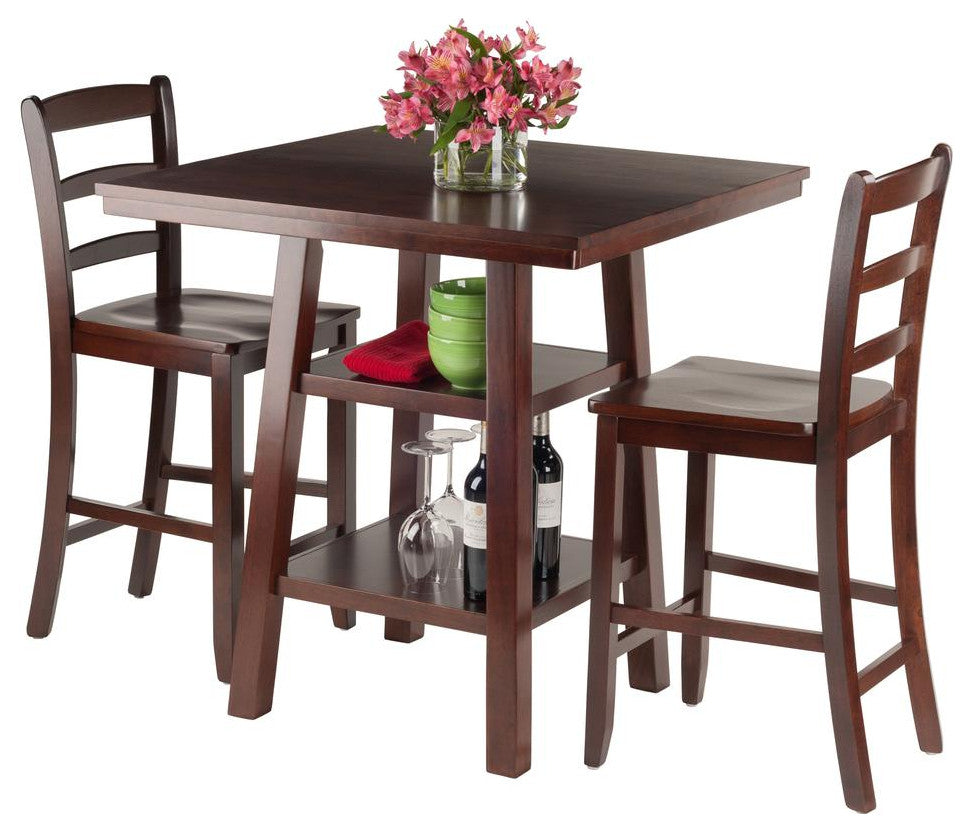 Orlando 3-PieceSet, High Table With 2 Shelves and 2 Ladder Back Stools, Walnut