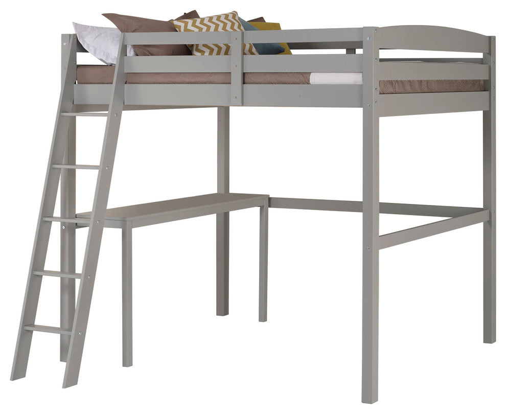 Concord Full Size High Loft Bed, Gray, With Desk