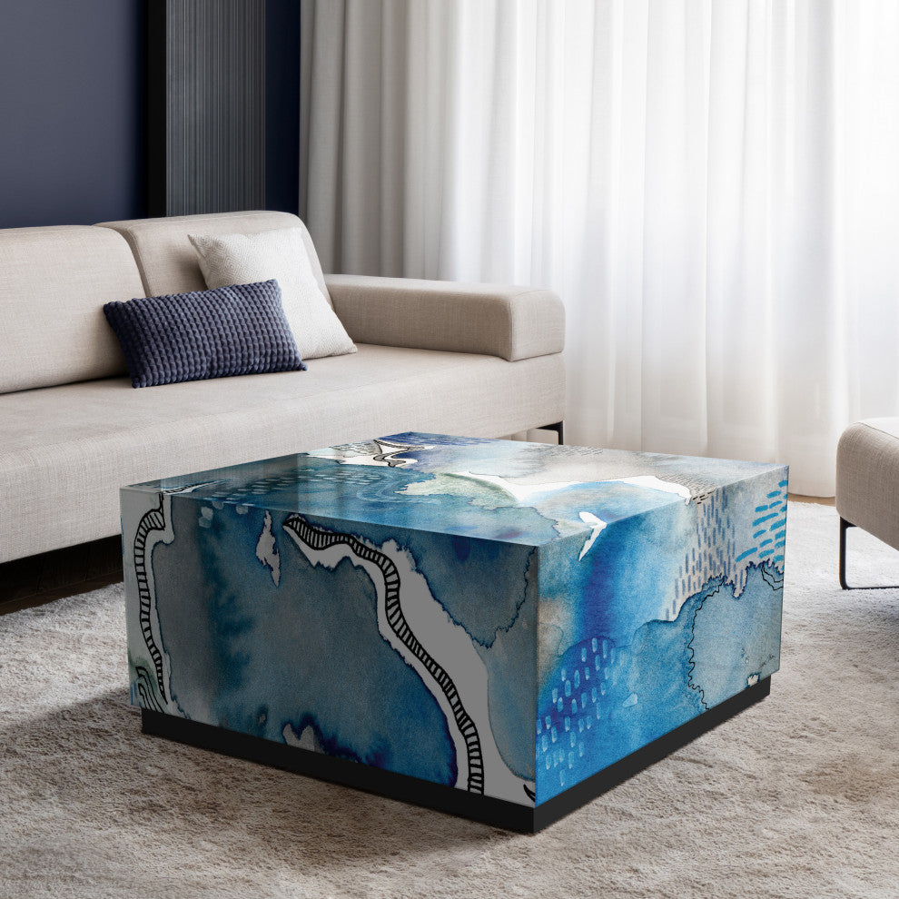 "Subtle Blues II"Reverse Printed Art Glass Cocktail Table with Black Plinth Base
