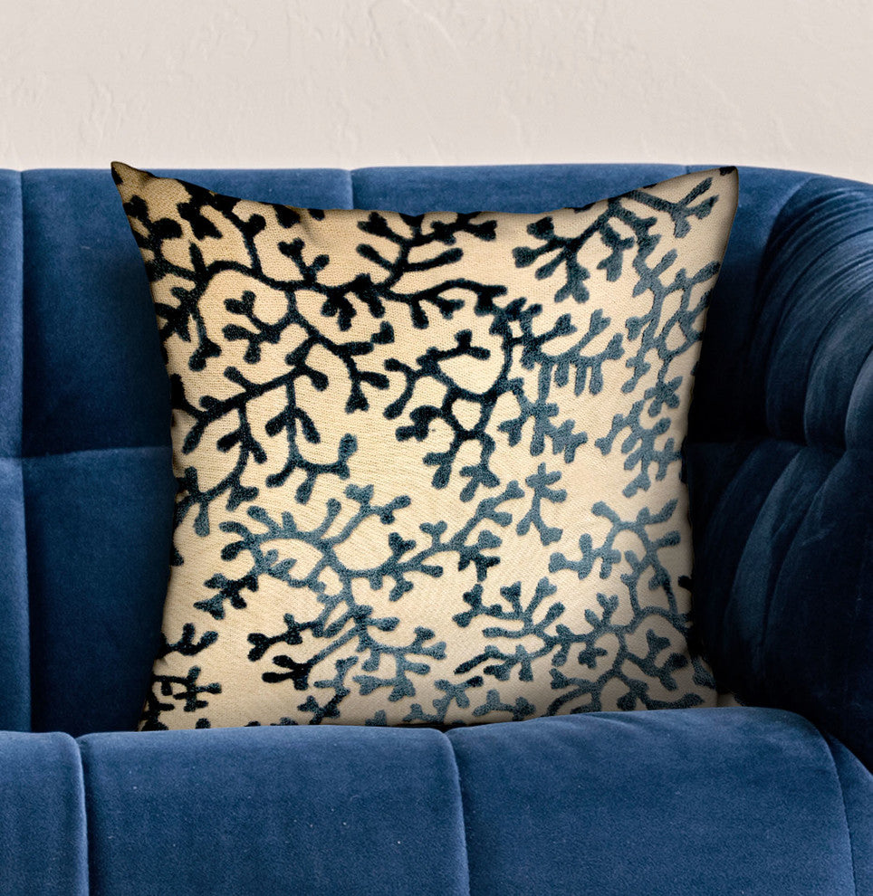 Plutus Deep Blue Reef Blue, cream Floral Luxury Throw Pillow, 22"x22"