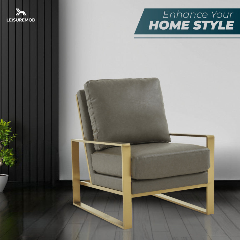 LeisureMod Jefferson Faux Leather Accent Armchair With Gold Frame, Grey