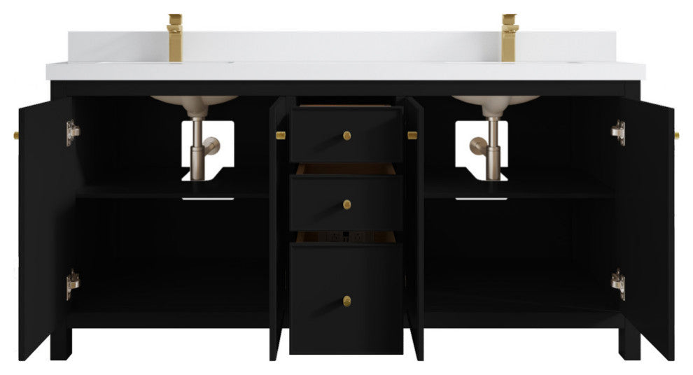 Chicago 72" Double Sink Bathroom Vanity, Black 2" White Quartz