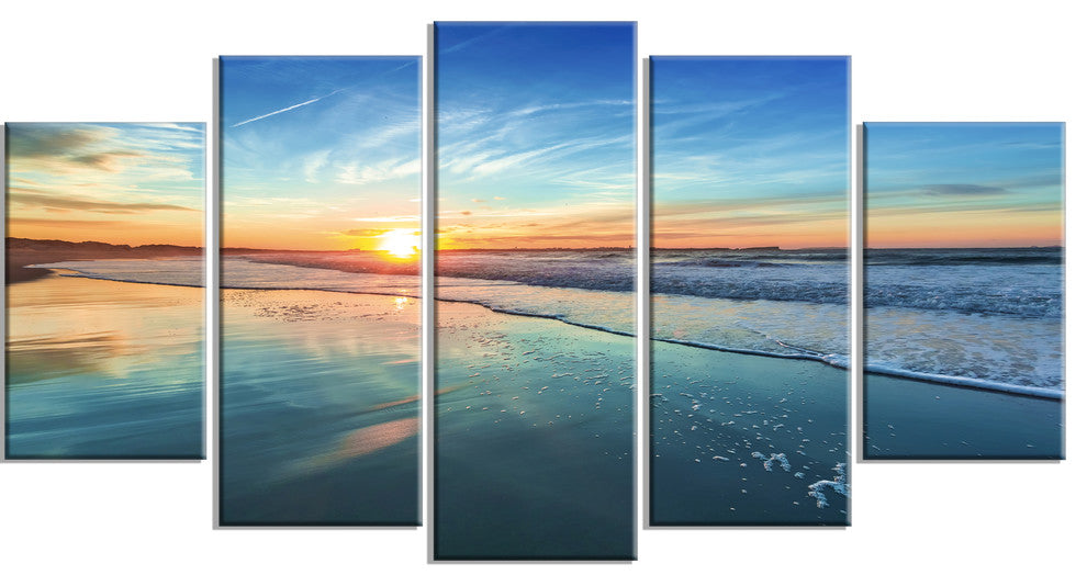 "Blue Seashore With Distant Sunset" Seashore Canvas Wall Art, 5 Panels, 60"x32"
