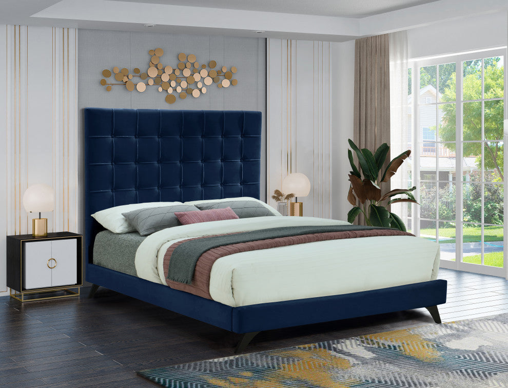 Elly Velvet Upholstered Bed, Navy, Full