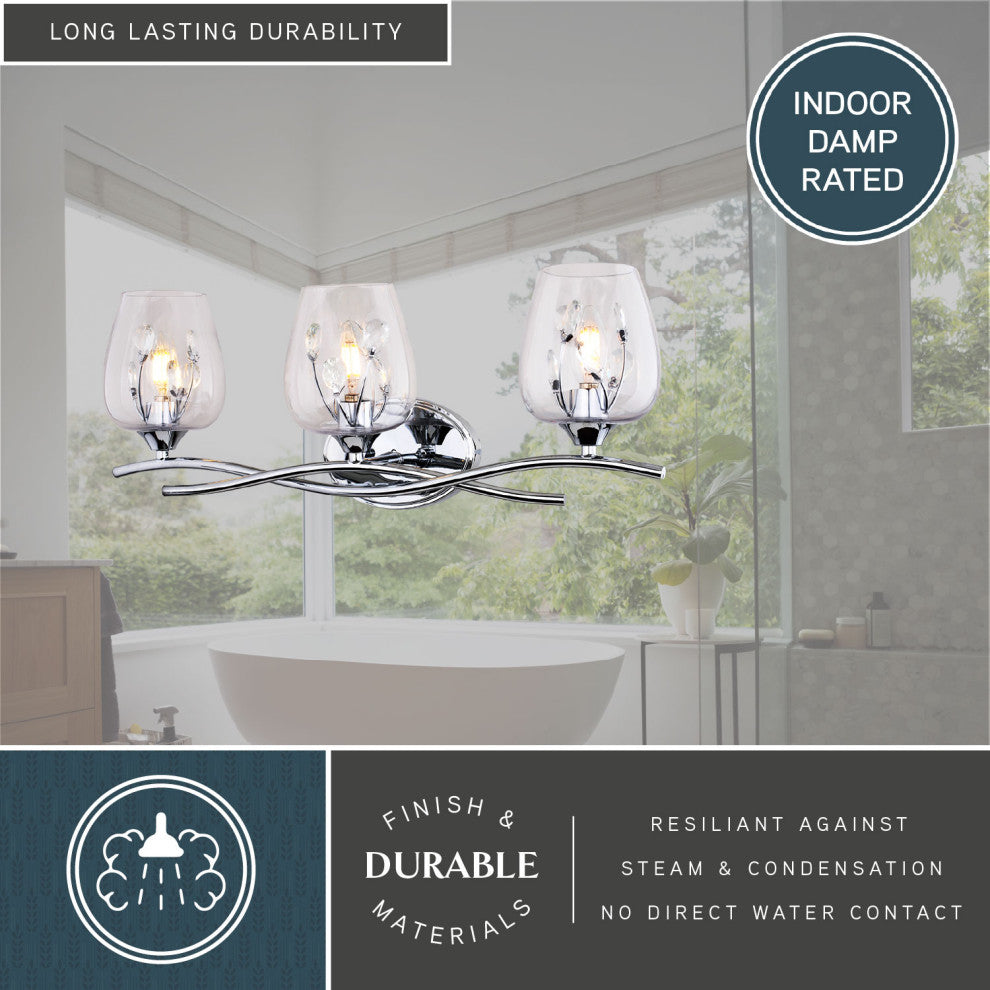 Wilmette 24" 3-Light Modern Chrome Bathroom Vanity Fixture, Clear Glass Shade