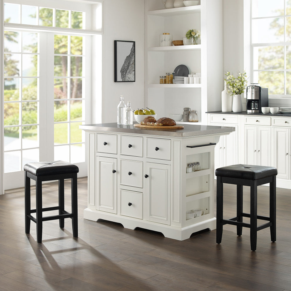 Julia Stainless Steel Top Island With Upholstered Square Counter Height Stools