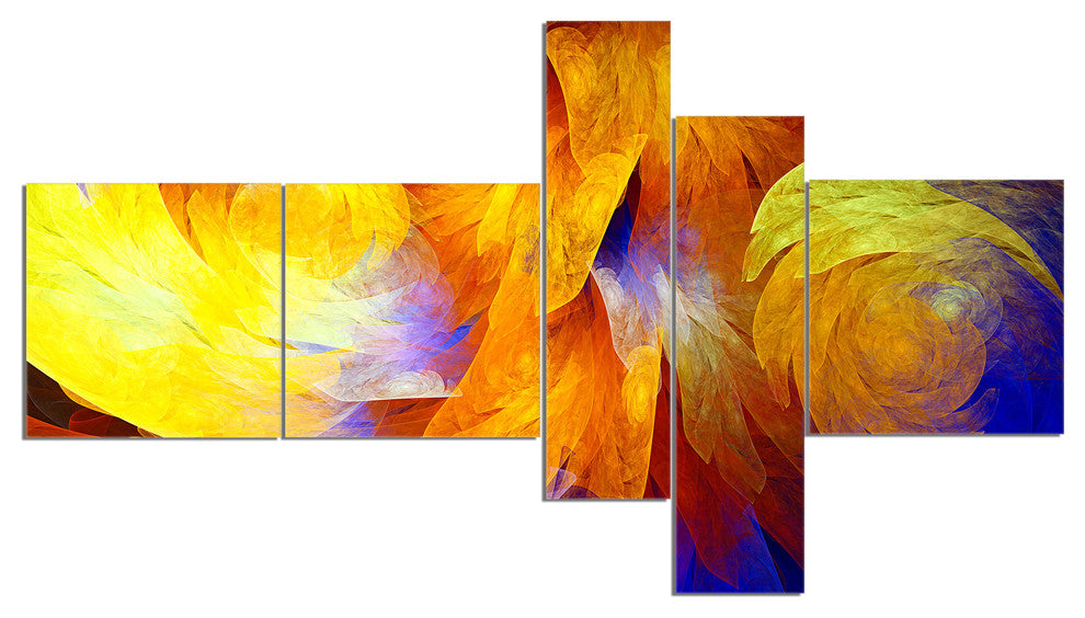 Yellow Fractal Abstract Pattern, Abstract Art on Canvas, 60"x32", 5 panels
