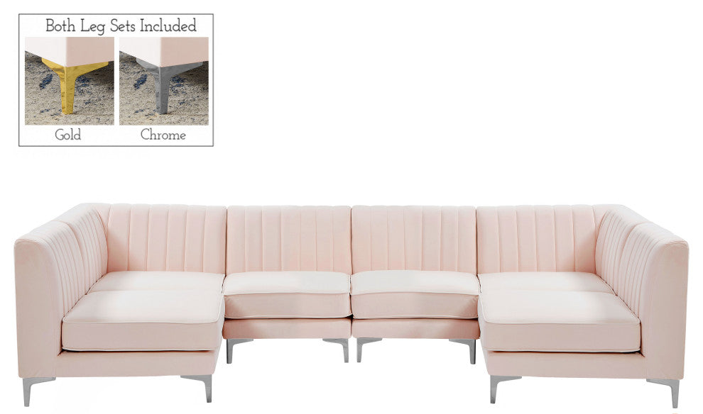 Alina Velvet Modular U-Shaped Sectional, Pink, 6-Piece: 4 Armless Chair, 2 Corner Chair