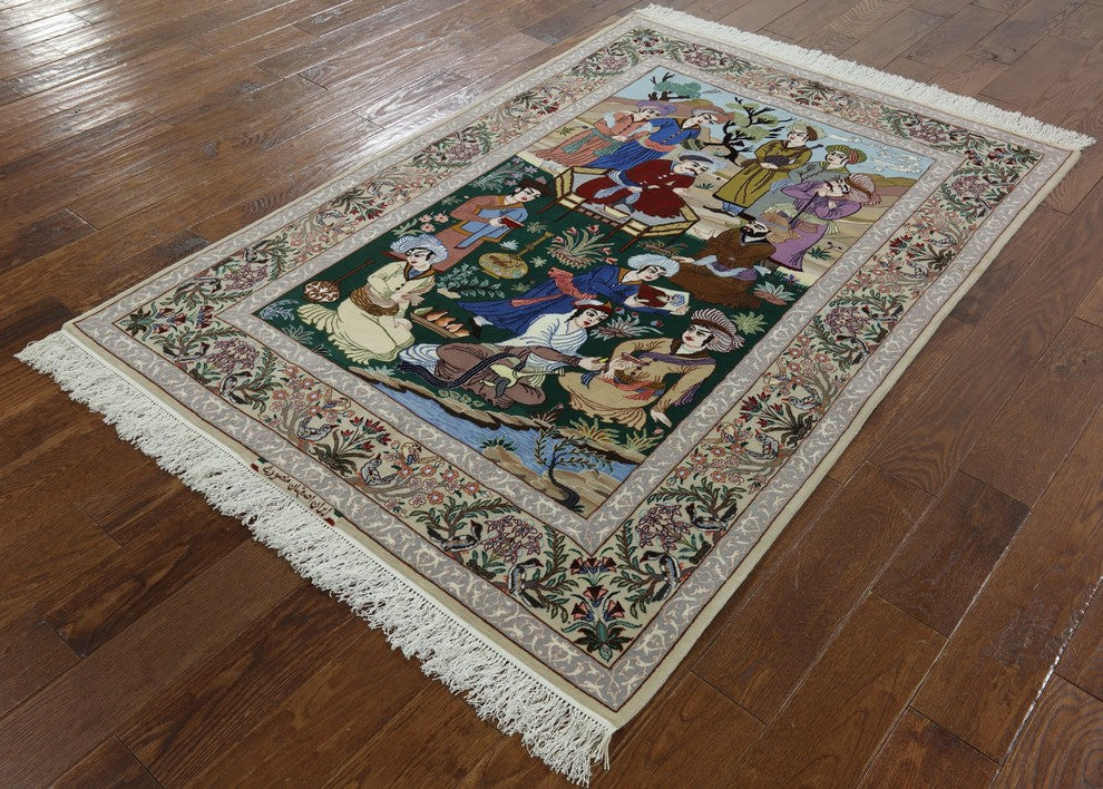 Authentic Persian Isfahan Pictorial Scene Hand Knotted Wool and Silk Rug, 4x6