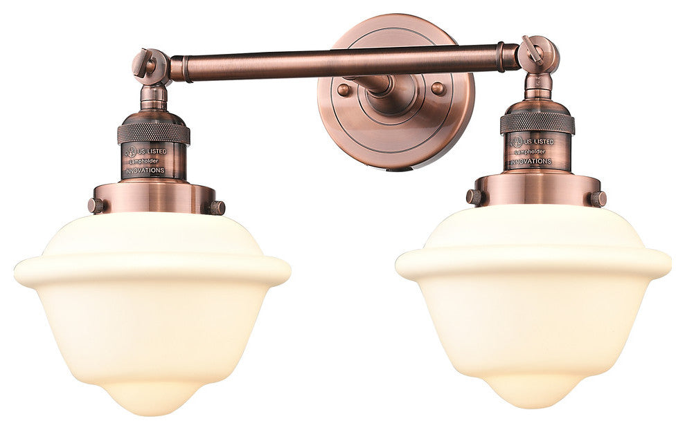 2-Light Oxford 17" Bath Fixture, Antique Copper, Glass: White Cased