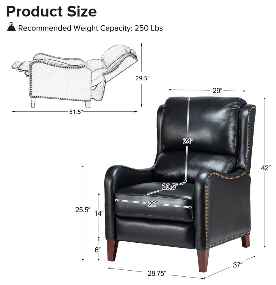 Genuine Leather Recliner With Nailhead Trim Set of 2, Black