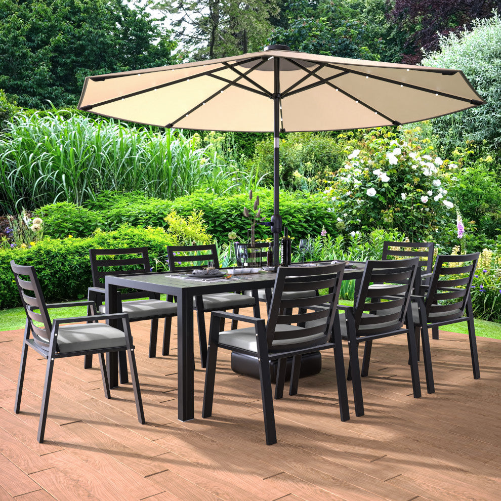 LeisureMod Chelsea Modern 8-Piece Outdoor Dining Set, Black Aluminum, Light Grey
