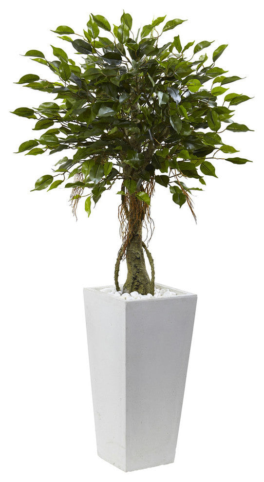 52" Ficus Tree With White Planter, UV Resistant, Indoor and Outdoor, Green