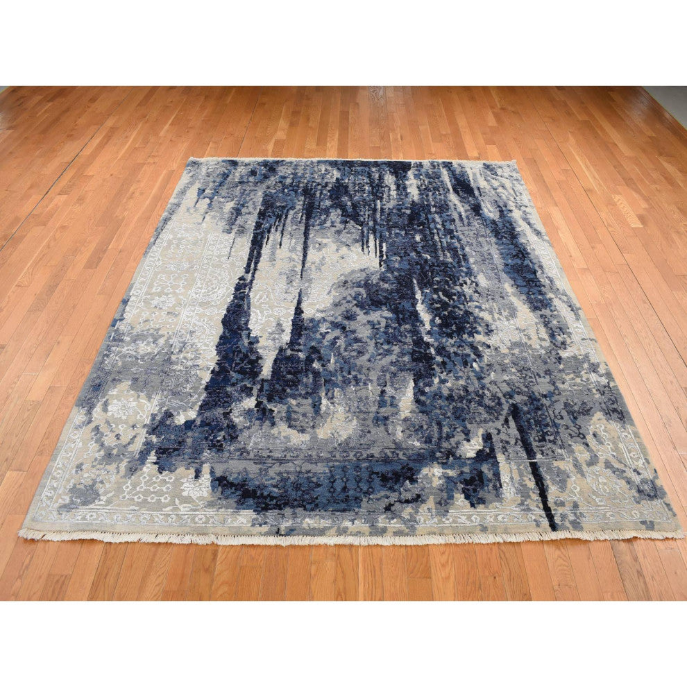 Gray Wool and Silk Transitional Design Hand Knotted Oriental Rug, 8'x9'9"