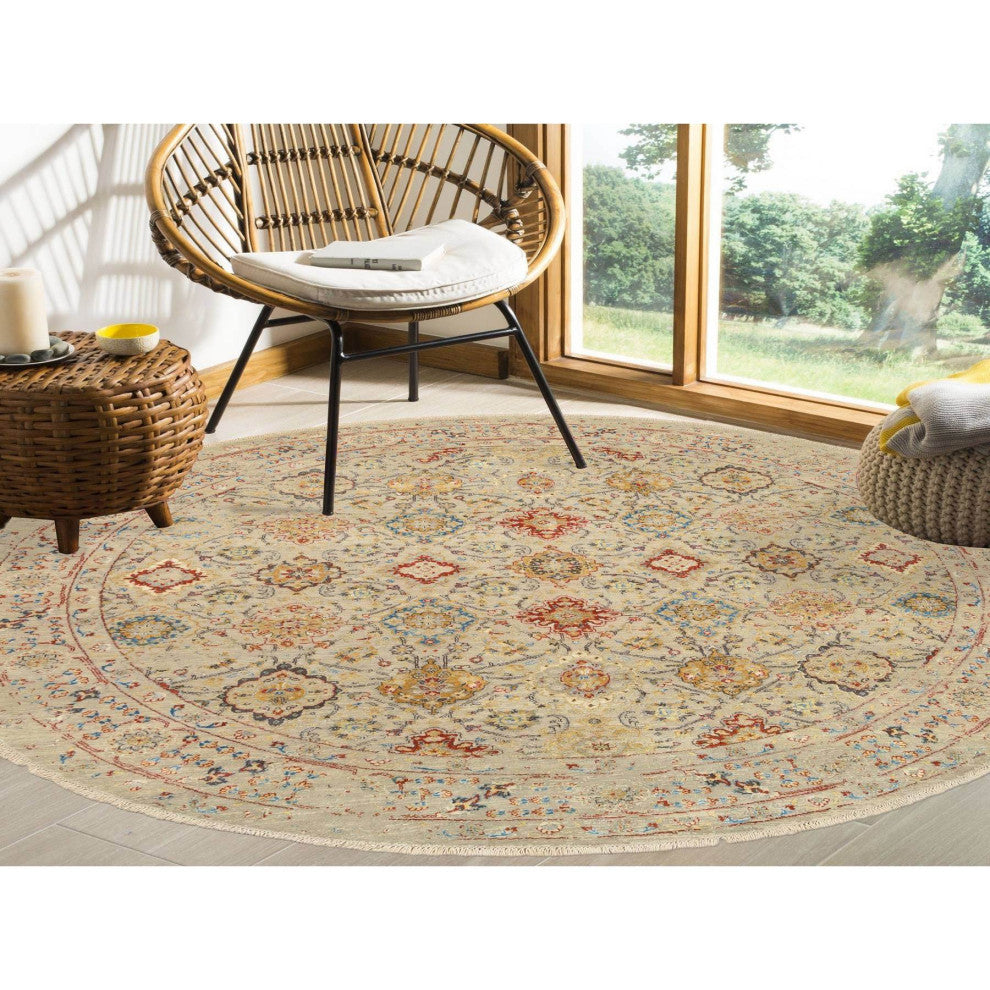 Beige, Wool and Pure Silk, Hand Knotted, Oriental, Round, Rug, 8'9" x 8'9"