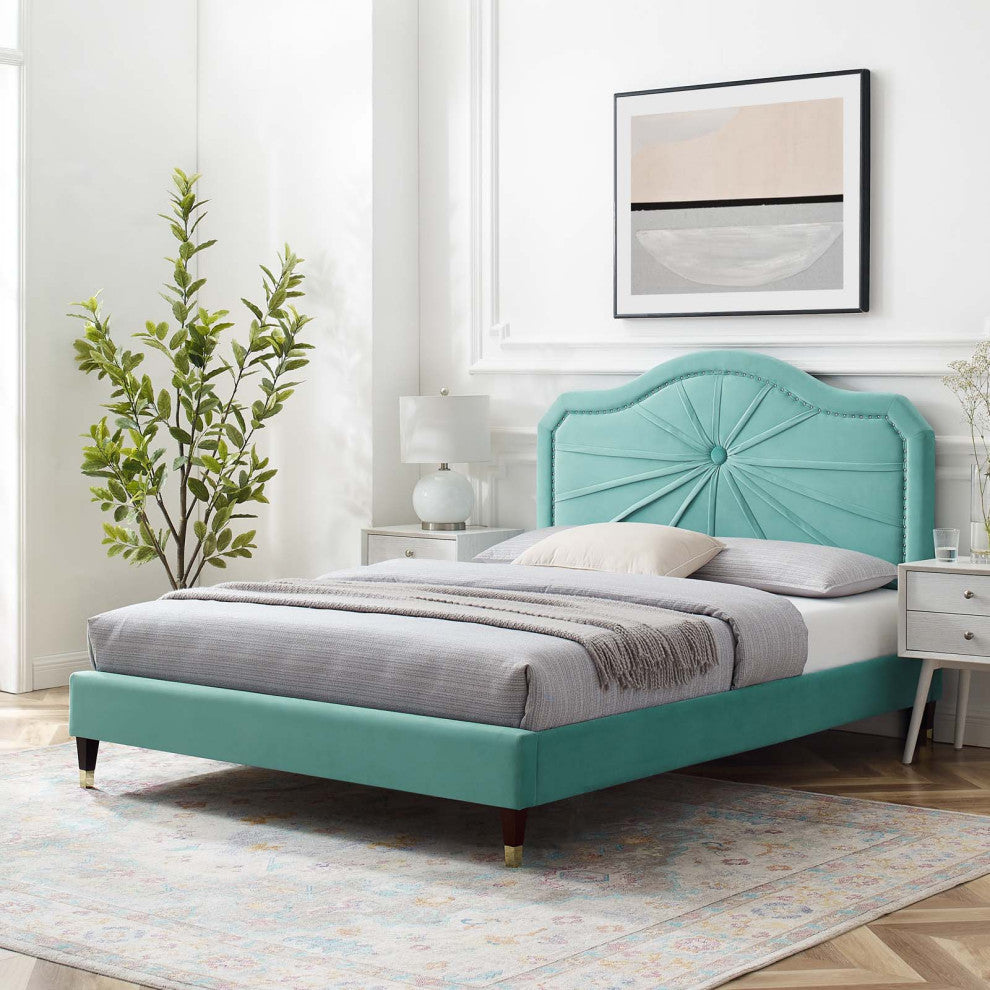 Platform Bed Frame, Full Size, Velvet, Blue, Modern Contemporary, Bedroom Master