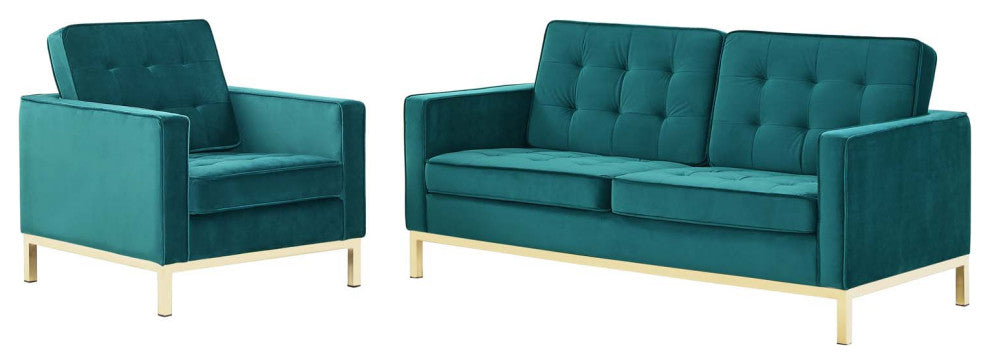 Armchair and Loveseat Sofa Set, Velvet, Gold Teal Blue, Modern, Lounge