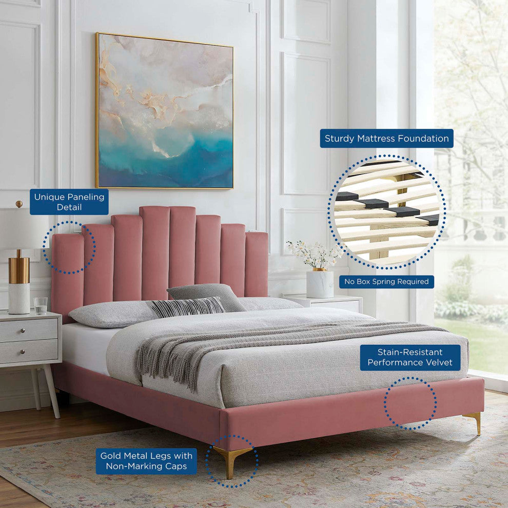 Platform Bed Frame, King Size, Velvet, Pink, Modern Contemporary, Bedroom Master