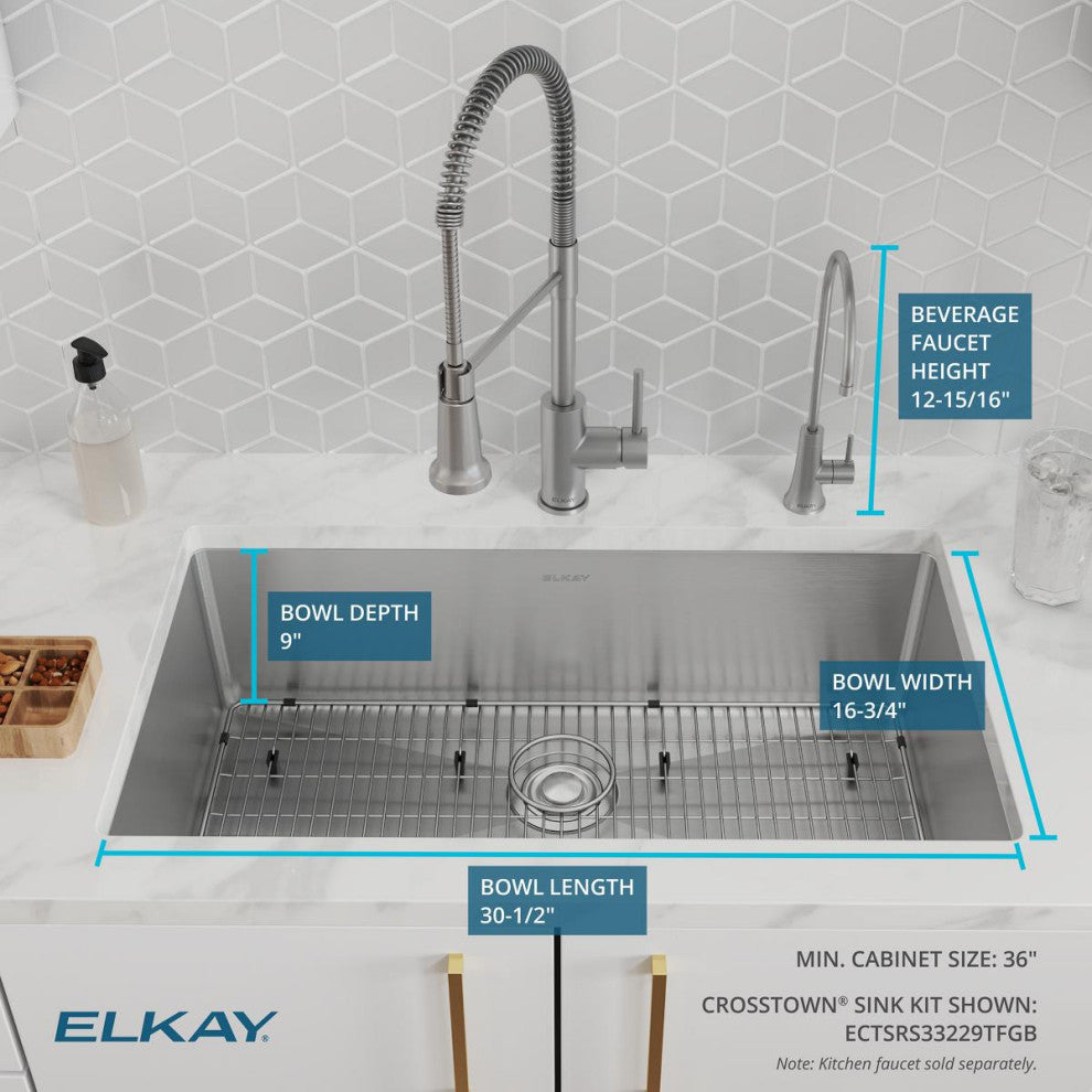Stainless Steel 33 x 22 x 9 Single Dual Mount Sink Kit, Filtered Beverage Faucet