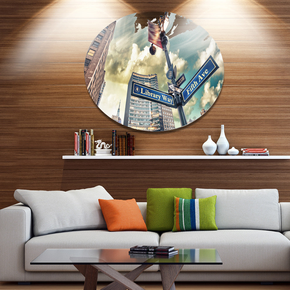 Library Way And 5Th Avenue Street Signs, Cityscape Round Wall Art, 38"