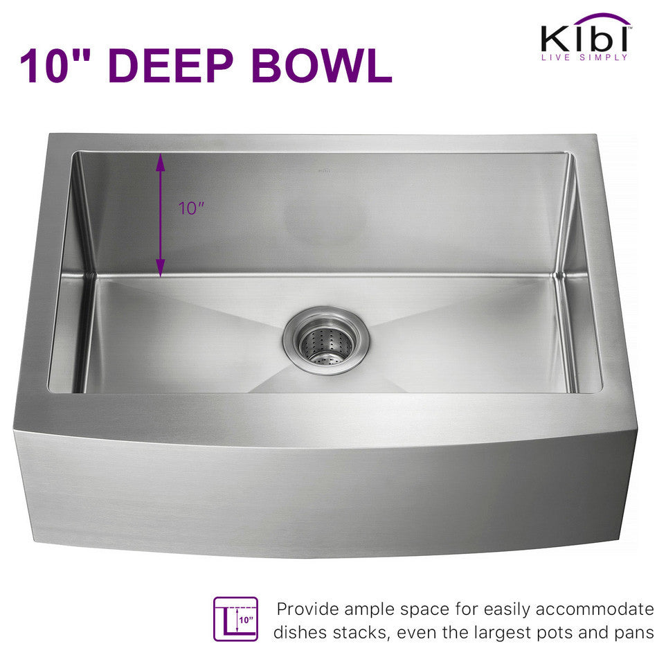 KIBI Handcrafted Farmhouse Apron Single Bowl Stainless Steel Kitchen Sink, 30"