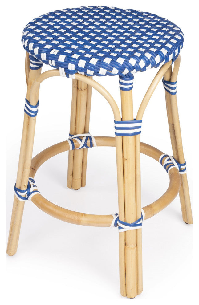 Blue and White Rattan Counter Stool