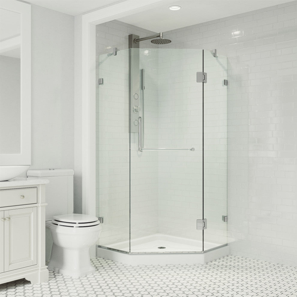 VIGO Piedmont Frameless Hinged Neo-Angle Shower Enclosure, Chrome, 38" D X 38" W, Low Base